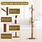 Solid Wood Round Base Coat Rack, Free Standing Hall Coat Tree with 8 Hooks（+2 spare for Coats, Hats, Bags, Purses, for Entryway, Hallway, Rubberwood Hooks,Base and Pole(Round Base,Brown) - Image 3