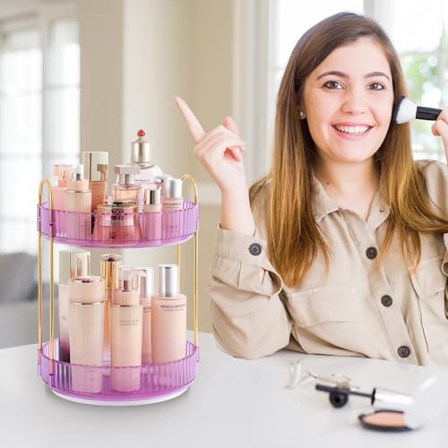 Aveniee Rotating Makeup Organizer for Vanity, Perfume Skincare Organizers Spinning, 2 Tier Bathroom Countertop Storage, Cosmetics Lipstick Holder for Counter Dresser,Purple - Image 6
