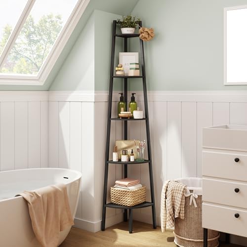 Hoctieon Corner Shelf, 5-Tier Corner Bookshelf, Rustic Ladder Shelf, Industrial Display Stand for Living Room, Kitchen, Home Office, Balcony, Small Space, Metal Frame, Black - Image 6