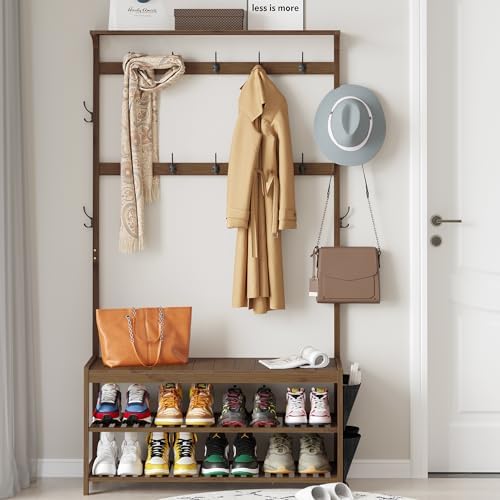 AMBIRD Hall Tree with bench and shoe storage, Entryway Bench with shoe storage, 6-in-1 Coat Rack with Cloth Bag and14 Coat Hooks, Sturdy Bamboo Frame, Large Size, Brown 39 * 15 * 70 Inches - Image 2