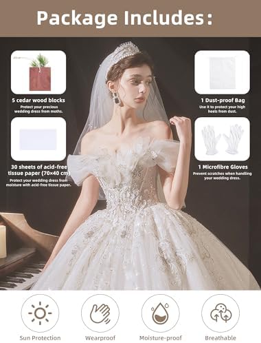 Wedding Dress Storage Box, Large Wedding Dress Preservation Box with 5 Cedar Wood Blocks, 30 Sheets of Acid-Free Tissue Paper, Microfiber Gloves, and Dust-Proof Bag-Beige Color - Image 4