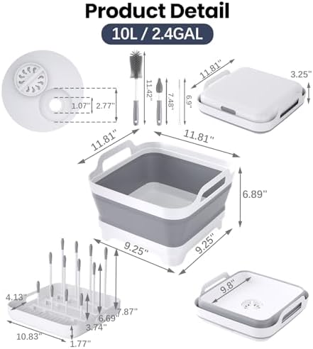 Volnamal Collapsible Wash Basin with Drying Rack & Drain Plug, Gray - Image 6