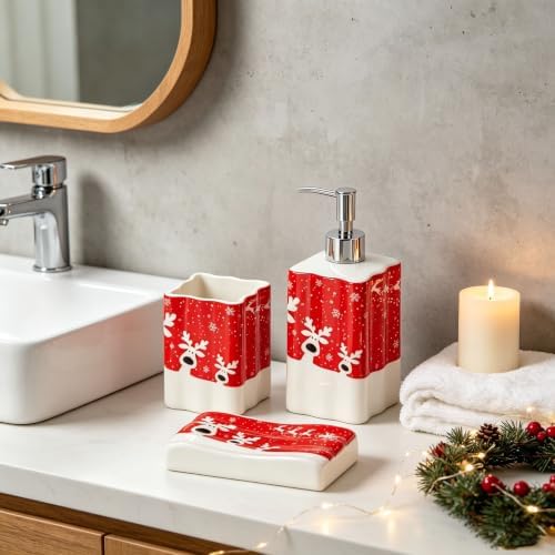 Christmas Reindeer Bathroom Accessories,3-Piece Ceramic Bathroom Accessory Set with Soap Dish, Dispenser, and Tumbler, Red - Image 3