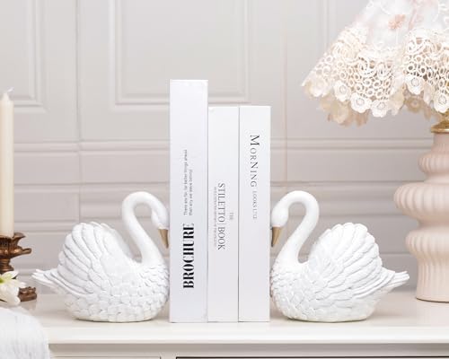 Swan Decorative Bookends,Resin Book Ends for Shelves,Unique White Book Holders,Heavy Duty Swan Decor for Home Office Desk Bookshelf,Set of 2,Gifts for Anniversary - Image 2