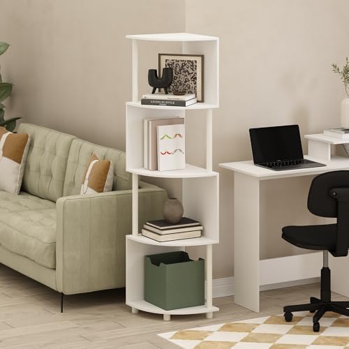 Furinno ECON Corner Shelf, 4-Tier Corner Book Shelf, Zigzag Storage Shelves, Display Rack, Bookshelf, for Organization and Storage, Living Room, Home Office, White - Image 2