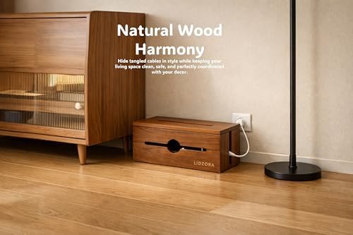 Wooden Cable Management Box for Power Strips, Desk Cord Organizer for Home Office & TV Stand, Hidden Cable Storage with Phone Stand - Image 5