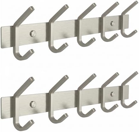 Coat Rack Wall Mount – Brushed Nickel 15 Inch Stainless Steel Hook Rail with 5 Heavy Duty Double Coat Hooks – Wall Mounted Coat Hanger for Entryway, Bathroom, Bedroom, Towel, Hat Organizer - 2 Pack by SAYONEYES