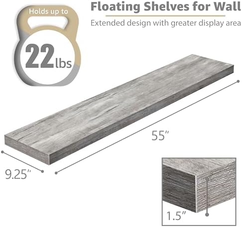 Sorbus Floating Shelves for Wall Storage (55 Inch, 2 Pack, Gray) - Image 3