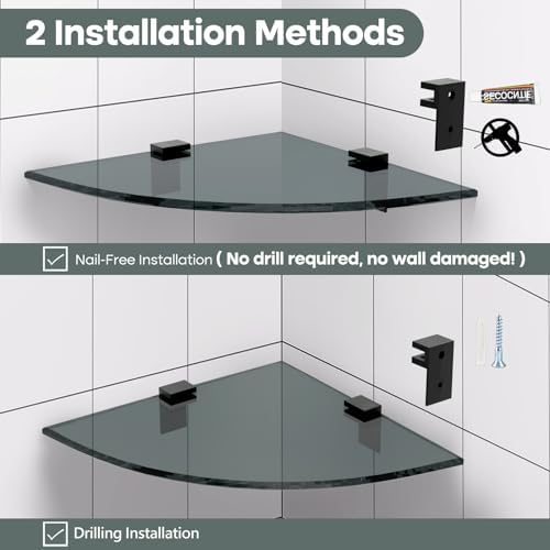 Bakzon 2-Pack Glass Shelf Shower Caddie, Shower Shelves for Inside Shower, Drilling Free Adhesive Wall Mounted Bathroom Organizer Shelves with Aluminium Brackets, Black - Image 4