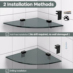 Bakzon 2-Pack Glass Shelf Shower Caddie, Shower Shelves for Inside Shower, Drilling Free Adhesive Wall Mounted Bathroom Organizer Shelves with Aluminium Brackets, Black - Image 4