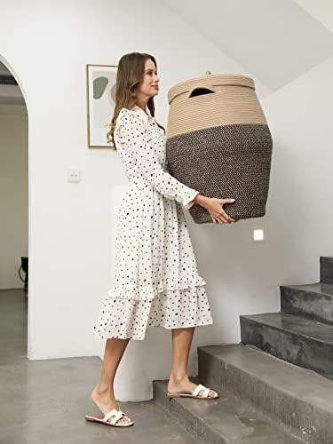 26"x20" Extra Large Tall Woven Laundry Basket with Lid, Cotton Rope Blanket Storage Basket, Freestanding Decorative Bin for Bedroom Living Room, Jute & Black Mix - Image 6