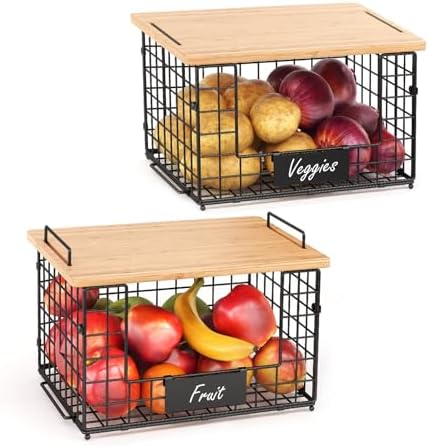 2 Pack Stackable Wire Baskets with Bamboo Top,Pantry Organizers Counter - Image 6