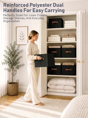 8 Pack Large Closet Storage Baskets Bins for Shelves, Collapsible Fabric Closet Organizers and Storage with Polyester Handles, Decorative Baskets for Organizing Clothes, Towels, Linen Closet 14"x10" - Image 2