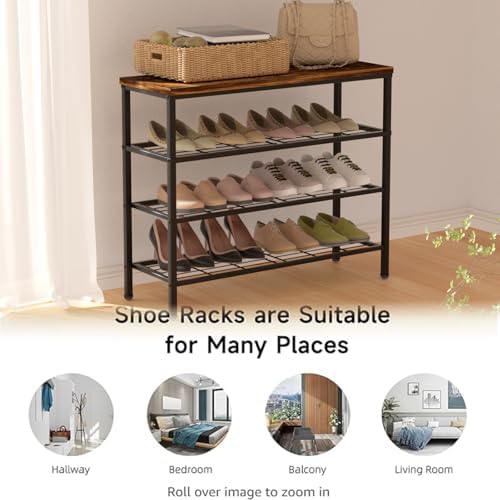 4-Tier Metal Shoe Rack with Wood Top - Durable & Space-Saving Shoe Organizer,Industrial Shoe Organizer Shelf Bench Storagefor Closet Entryway, Bedroom & Hallway - Bronze+Black 28.5 W × 25.5" H - Image 6