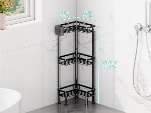HapiRm Standing Shower Caddy Corner - 3 Tier Corner Shower Organizer with Toothbrush Holder and 12 Hooks, Large Capacity Rustproof Bathroom Shelves for Tall Bottles, Black - Image 5