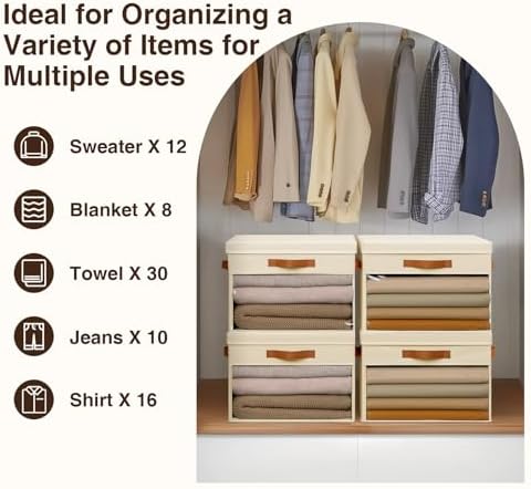 Homsorout Large Storage Bins with Lids - 4 Pack Foldable Decorative Organizers with Clear Windows & Handles, Cube Storage Organizers for Clothes, Blankets, Sweaters, Sheets, Beige - Image 6