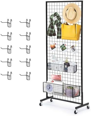 Eastern Tree 1 Pack 2.5'x 6' Three Pieces Grid Wall Panels Stand with T-Base, Black Wire Grid Wall Rack with Wheels, Craft Display Rack, Retail Display, Art Display, Extra More 10 Pieces Hooks by EasternTree