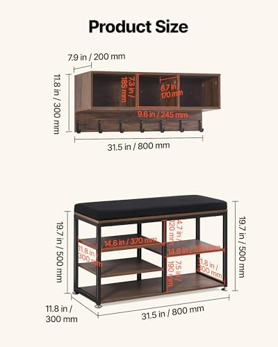 VEVOR Coat Rack with Shoe Bench, 3-in-1 Shoe Coat Rack Combo Set with Hooks and Bookshelf, Steel Frame Hall Tree Entrance Storage Organizer Holder for Entry, Bedroom, Closet, Office, Rustic Brown - Image 5