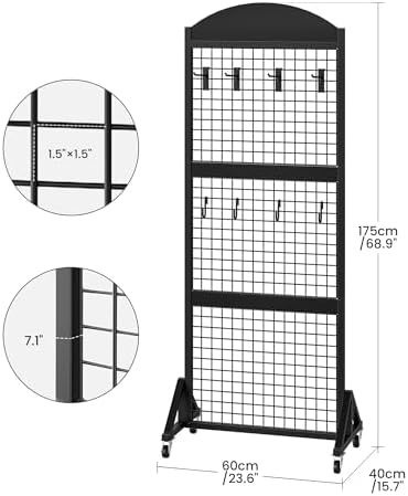CHOEZON 2 Packs Grid Wall Panel 5.7' x 2' FT Grid Display Rack with Wheels, Movable Gridwall Display Stand with 8 S-Shaped Hooks and 8 Garment Hooks, Floorstanding Wire Grid Rack, Black TCJ17P2BB - Image 3