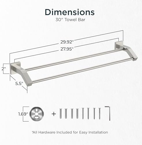 FORIOUS Double Towel Bar 30", Bathroom Towel Rack Square Brushed Nickel - Image 2