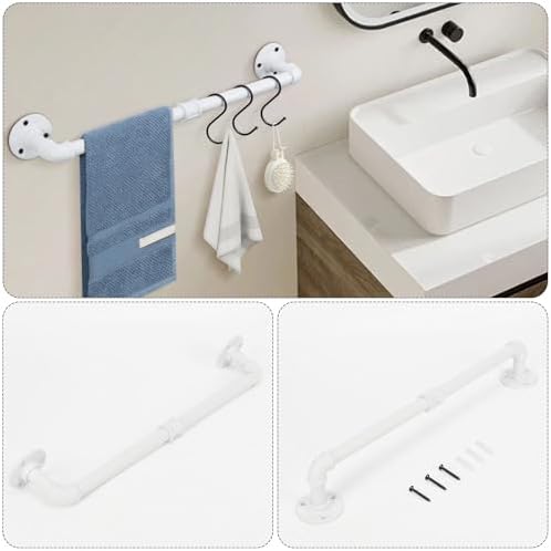4-Pieces Industrial Pipe Bathroom Towel Ring Kit DIY Wall Mount Accessories Kit Includes Robe Hook Towel Bar and Towel Ring (24 inch White) - Image 4