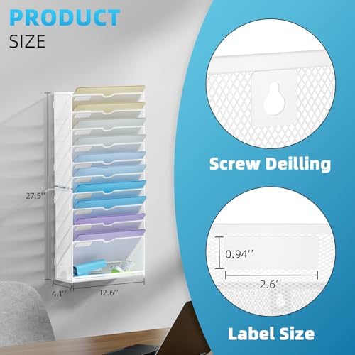 Marbrasse Wall File Holder 11-Tier Hanging Wall File Organizer, for Papers, Files Clipboard & Magazine Organizer, Wall Mount File Holder Great for Office Home (White) - Image 2