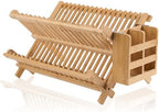 NOVAYEAH Bamboo Dish Drying Rack-2 Tier, Collapsible Small Dish Rack with Utensil Holder, Wooden Drying Rack for Kitchen Counter, Apartment Essentials Kitchen Plate Holder Organization 34 pcs Grid by NOVAYEAH