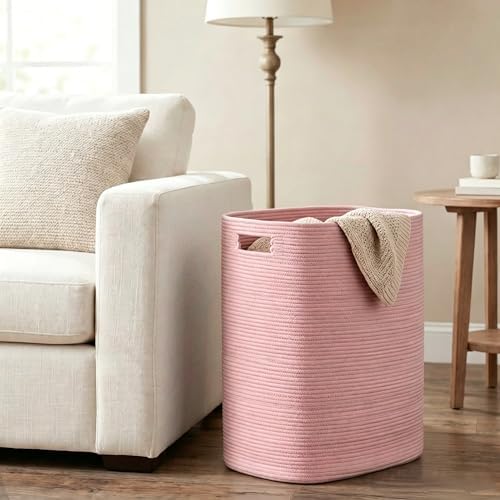 MEGASKET Large Laundry Hamper 16"x13"x22" - Tall Woven Laundry Basket, Cotton Rope Dirty Clothes Hamper, Baby Kids Nursery Wicker Laundry Basket, Bedroom Aesthetic, Soft Laundry Bin, Pink Hamper, 75L - Image 4