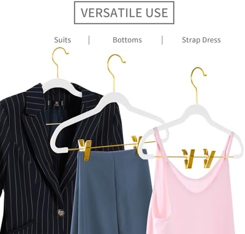 MIZGI Premium Velvet Pants Hangers with Adjustable Clips (Pack of 20) Slim Skirt Hangers- Non Slip Felt Outfit Dress Hangers White - Gold Hooks,Space Saving Shirt Clothes Hangers - Image 4