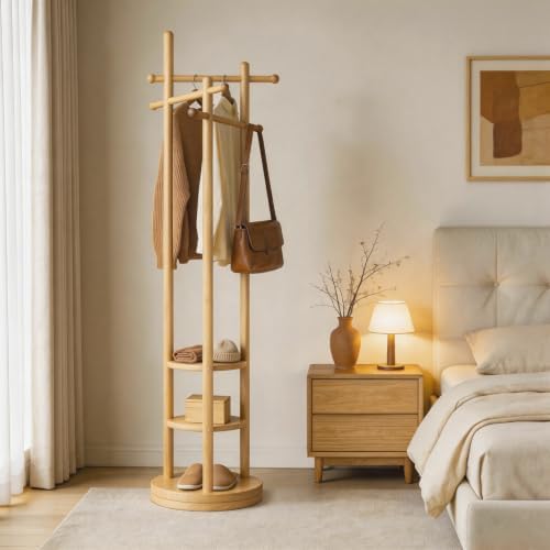 Coat Rack Freestanding, Solid Wood Coat Tree with 6 Hooks and 3 Storage Shelves for Bedroom, Entryway Living Room, Office, Corner Hanger Stand for Purse, Bag, Jacket, Hat - Image 5