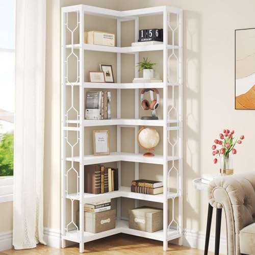 Tribesigns Corner Shelf, 7-Tier Industrial Corner Bookshelf, Wood and Metal Corner Etagere Bookcase, Freestanding Display Shelf for Living Room, Kitchen, Home Office, White by Tribesigns