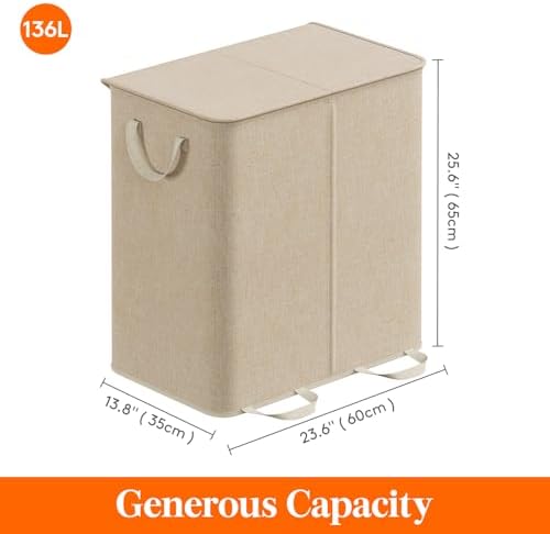 Lifewit Double Laundry Hamper with Lid, Removable Laundry Bags, Beige - Image 5