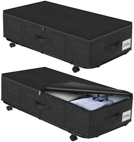 Large Sturdy Under Bed Storage with Wheels, 2 Pack 50L Rolling Underbed Storage Bins, Under Bed Containers Drawer with Metal Bottom Support, Bedroom Organizer with Lids for Clothes, Shoes, Blankets by KUKIKAN