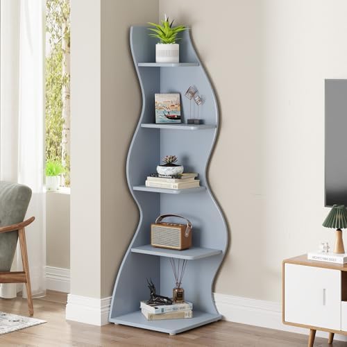 Tribesigns Corner Shelf, Modern 5-Tier Wall Corner Bookshelf, Stylish Corner Small Bookcase Storage Rack Plant Stand with Unique Shape for Living Room, Home Office (Blue, 2PCS) - Image 5