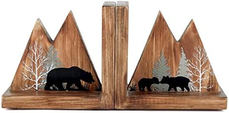 NIKKY HOME Heavy Duty Non Slip Rustic Woodland Mountain Wood Bookend Cute Bear Book Ends Book Stoppers for Cabin Decor Home and Office Shelves Children by NIKKYHOME