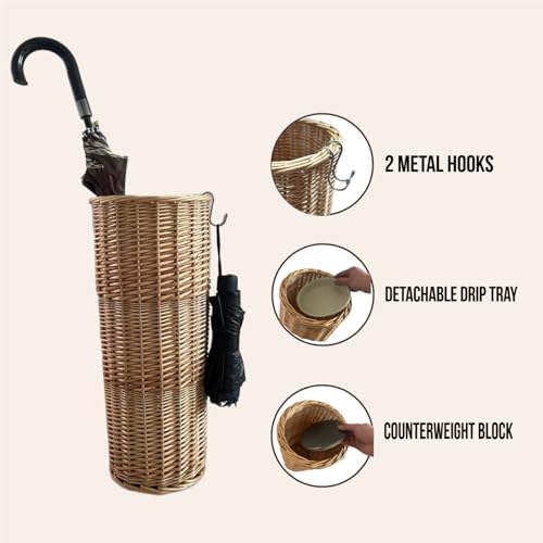 Natural Rattan Umbrella Stand for Entryway, 21.2H x 9.4L x 9.4W, Detachable Drip Tray & 2 Metal Hooks – Storage for Umbrellas, Canes & Walking Sticks, Stylish Home Decor - Image 4