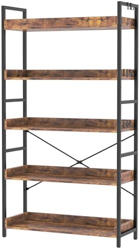 HCHQHS 5 Tier Bookshelf, Adjustable Industrial Bookcase, Vertical Tall Book Shelf, Wood and Black Metal Open Bookshelves for Home Office, Living Room, Bedroom by HCHQHS