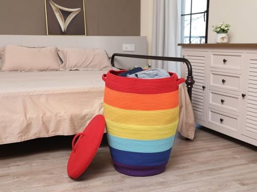 26"x20" Extra Large Tall Woven Laundry Basket with Lid, Cotton Rope Blanket Storage Basket, Freestanding Decorative Bin for Bedroom Living Room, Rainbow Multicolor - Image 3