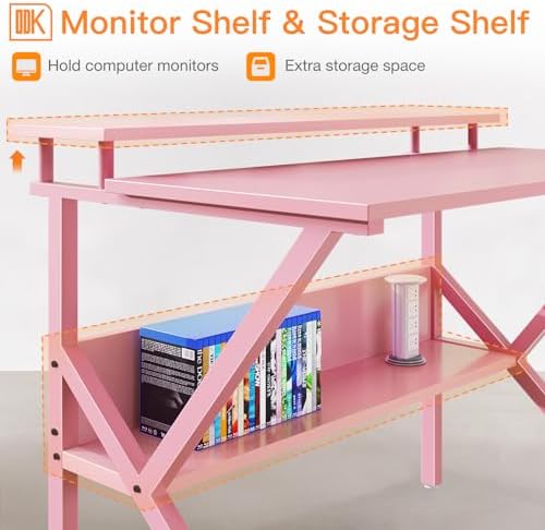ODK 27.5 Inch Small Desk with Storage & Monitor Stand, Pink - Image 5