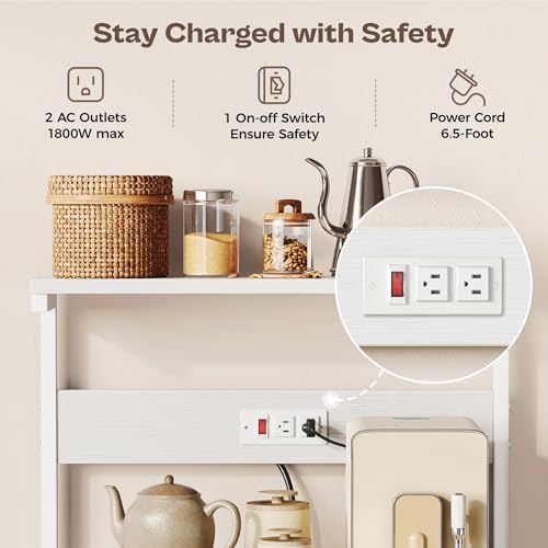 SUPERJARE Kitchen Bakers Rack with Power Outlet, Coffee Bar Table 4 Tiers, Kitchen Microwave Stand with 6 S-Shaped Hooks, Storage Shelf Rack for Spices, Pots and Pans - White - Image 3