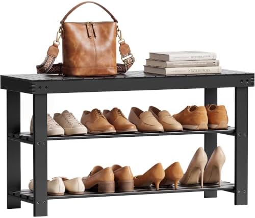 SMIBUY Bamboo Shoe Rack Bench, 3-Tier Shoe Organizer Storage Shelf for Entryway Hallway Bathroom Living Room (Black) by SMIBUY