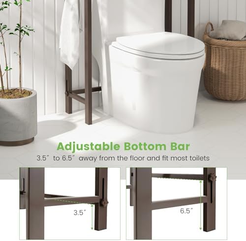 GIANTEX Over The Toilet Storage Shelf, 3-Tier Freestanding Space Saver Above Toilet Shelves with 3 Hooks & Adjustable Bottom Bar, Over Toilet Bathroom Organizer for Restroom, Laundry (Coffee) - Image 3