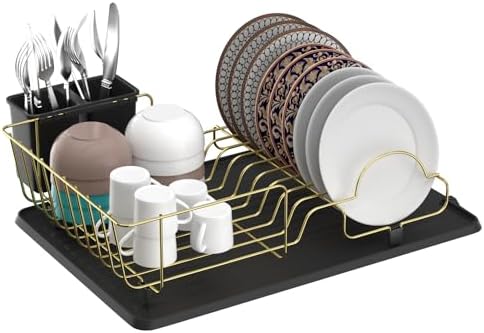 Buruis Dish Drying Rack for Kitchen Countertop, Large Capacity Gold Stainless Steel Dish Drainer with Anti-Slip Rubber Feet, Removable Drain Board and Utensil Holder (Black Tray) by KeepYourBathroomKitchenandHomeOrganized