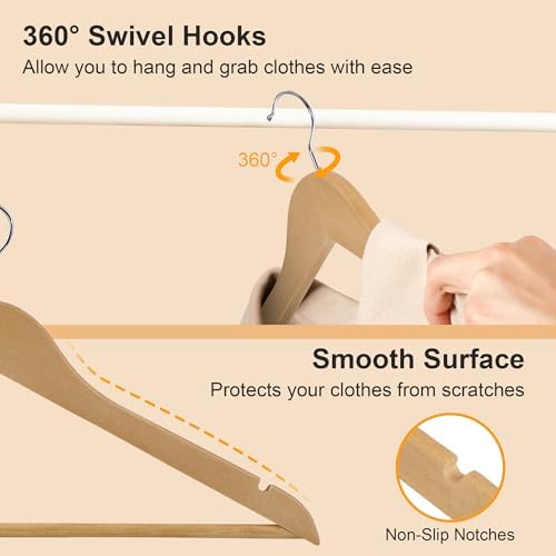 JupiterForce Wooden Clothes Hangers 50 Pack, Non-Slip Wood Hangers with 360° Swivel Hook & Shoulder Grooves, Coat Hanger for Suits, Coats, Shirts, Pants, Jackets and Dress(Natural) - Image 5