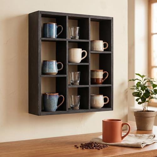 10 Grid coffee mug display shelf,19 X 24" Wooden cup shelf for wall,black - Image 4