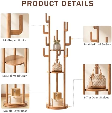 Yoobure Rotary Coat Rack Freestanding - Solid Wood Coat Tree with 9 hooks & 3 Storage Shelves for Purse, Bag, Jacket, Hat, Corner Hanger Stand Racks for Hall, Entryway, Office, Modern Clothes Holder - Image 5