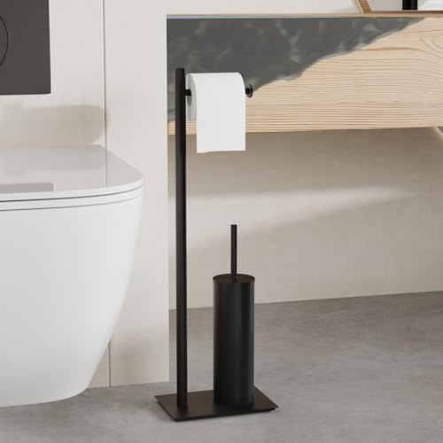 RUACQ Toilet Paper Holder Stand with Toilet Brush & Holder Set, Matte Black - Image 2