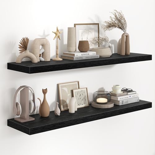 Fun Memories 48 Inch Floating Shelves in Black, 9.3 Inch Deep Wall Shelves for Bathroom, Living Room, Bedroom, Kitchen, Deep Long Shelf Wall Mounted 2 Pack Shelf for Books, Decor by FunMemories
