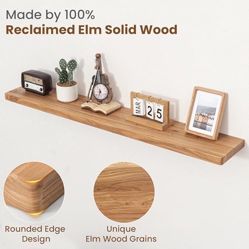 Floating Shelves for Wall, 48"Wx8"D Rustic Solid Elm Wood Floating Shelves Wall Mounted, Round Edge Wall Shelves with Invisible Bracket for Living Room Bathroom Bedroom Kitchen, Set of 1, Natural - Image 3
