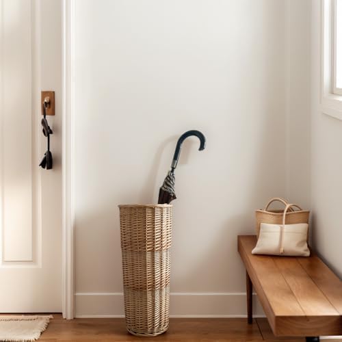 Natural Rattan Umbrella Stand for Entryway, 21.2H x 9.4L x 9.4W, Detachable Drip Tray & 2 Metal Hooks – Storage for Umbrellas, Canes & Walking Sticks, Stylish Home Decor - Image 2